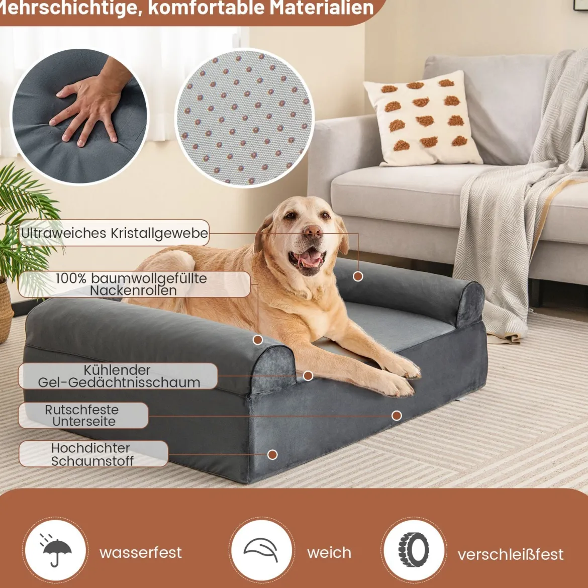 Orthopädisches Hundebett für Arthritis & ältere Hunde Haustierbett mit Kopfstütze abnehmbarer waschbarer Bezug Grau