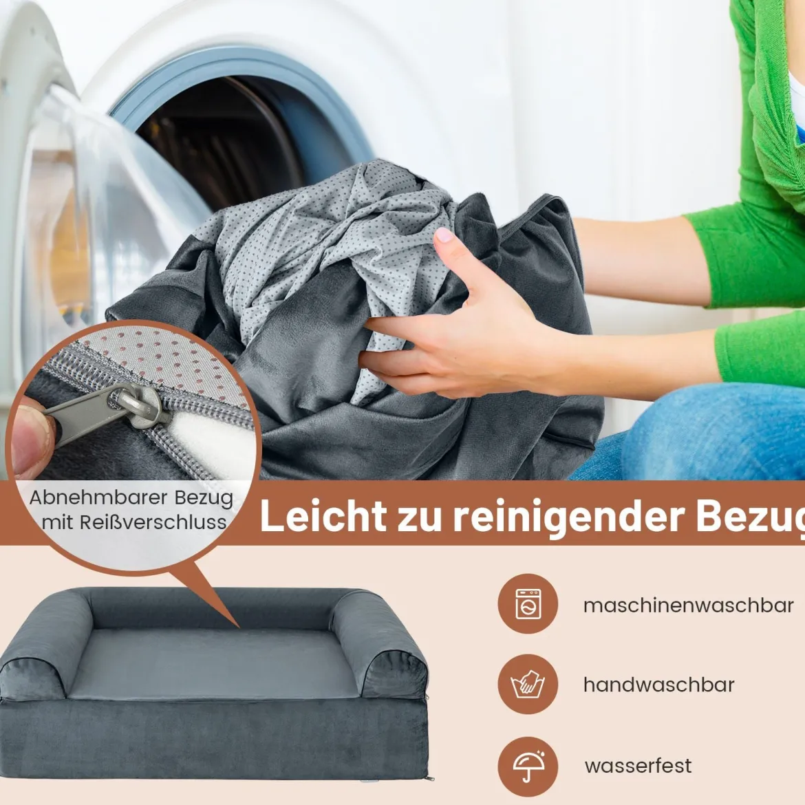 Orthopädisches Hundebett für Arthritis & ältere Hunde Haustierbett mit Kopfstütze abnehmbarer waschbarer Bezug Grau