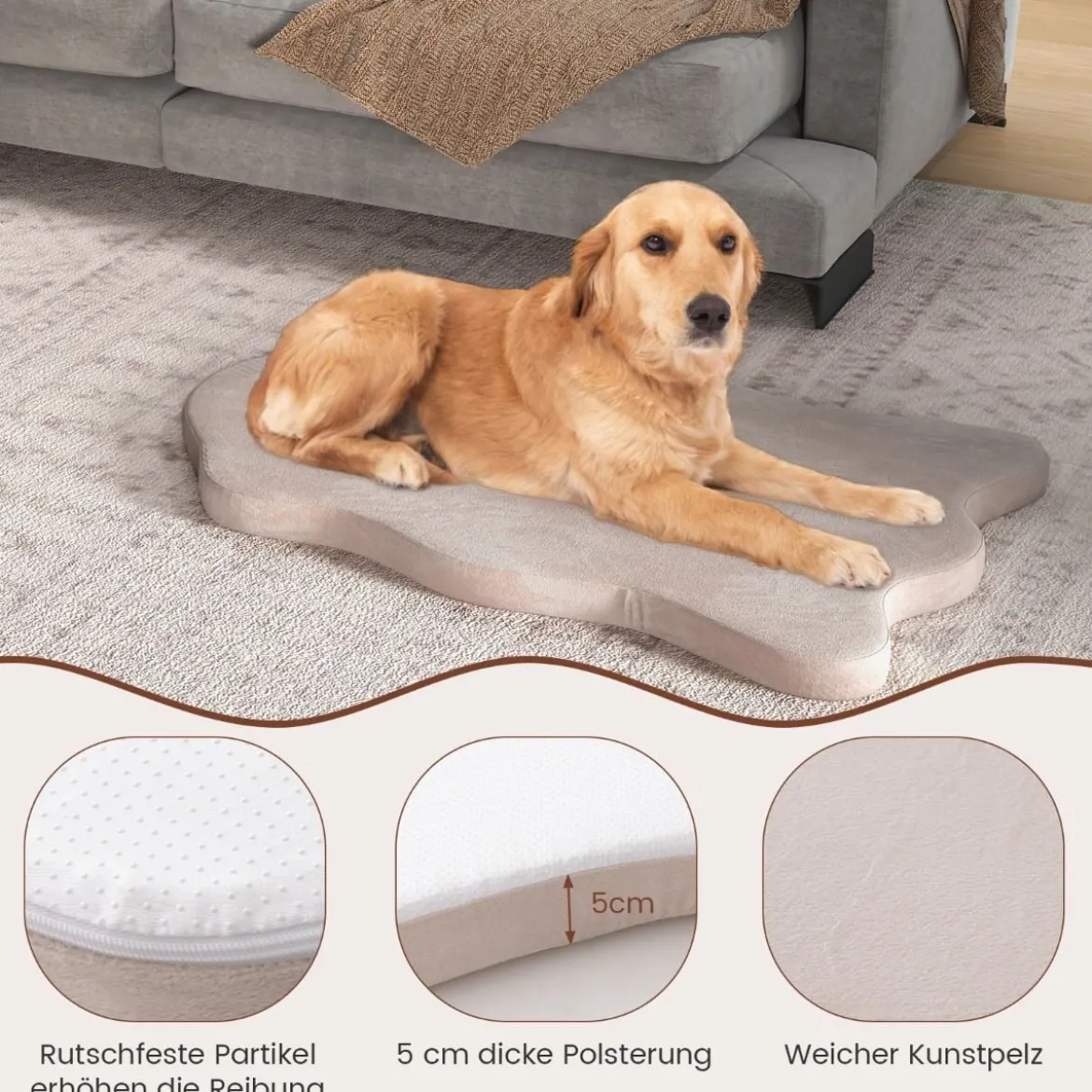 Orthopädisches Hundebett für große Hunde mit Memory-Schaum-Unterstützung & abnehmbarem Bezug Beige