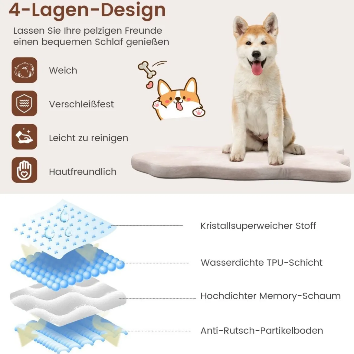 Orthopädisches Hundebett für große Hunde mit Memory-Schaum-Unterstützung & abnehmbarem Bezug Beige