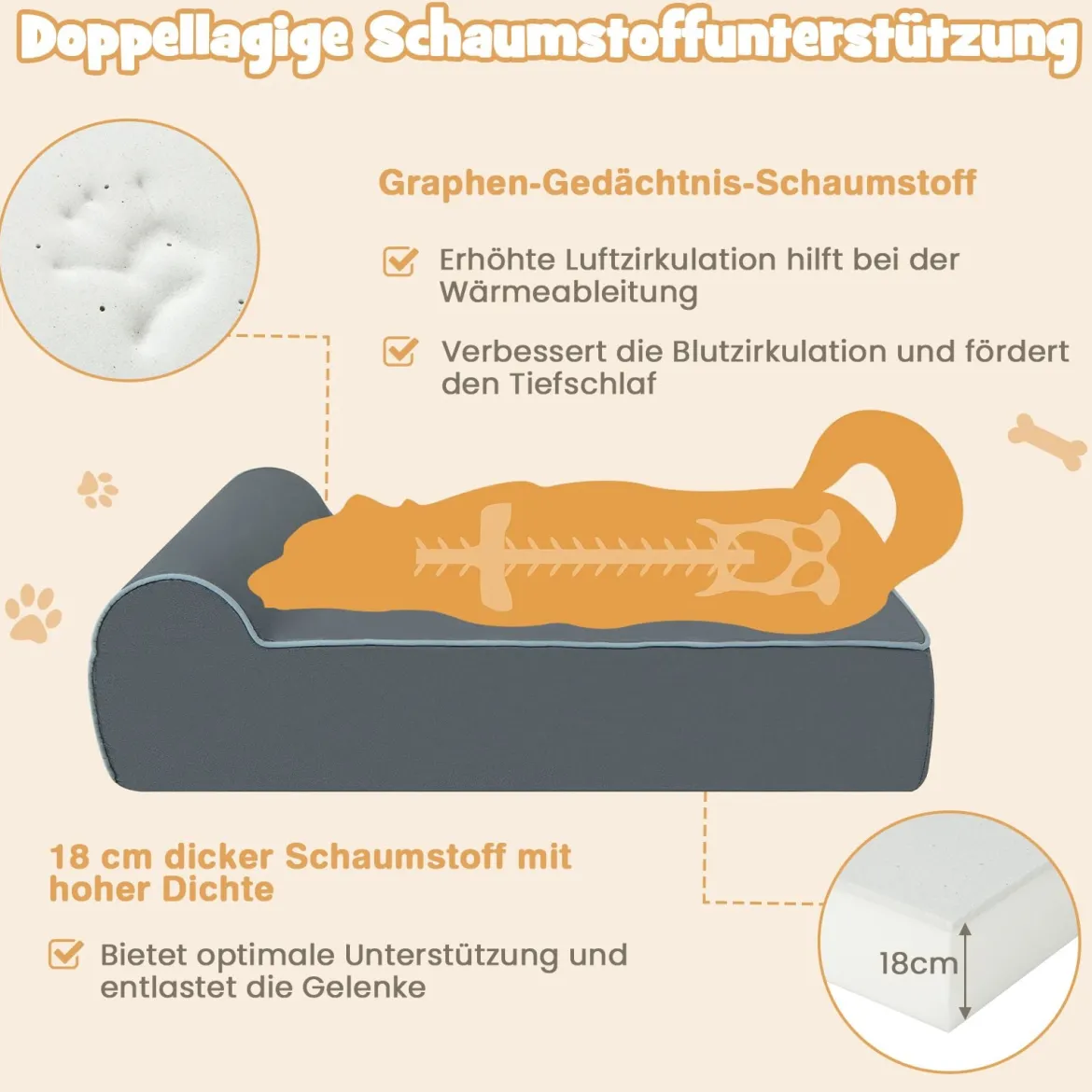 Orthopädisches Hundebett für große Hunde Memory-Schaum Haustierbett mit Kopfstütze Grau
