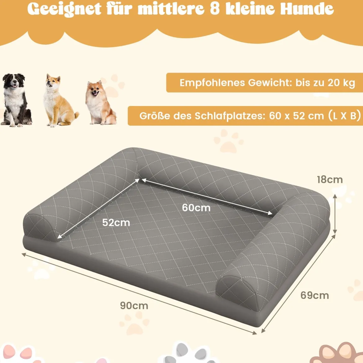 Orthopädisches Hundebett für mittelgroße Hunde Hundecouch mit eierförmiger Kistenschaum Beige/Grau