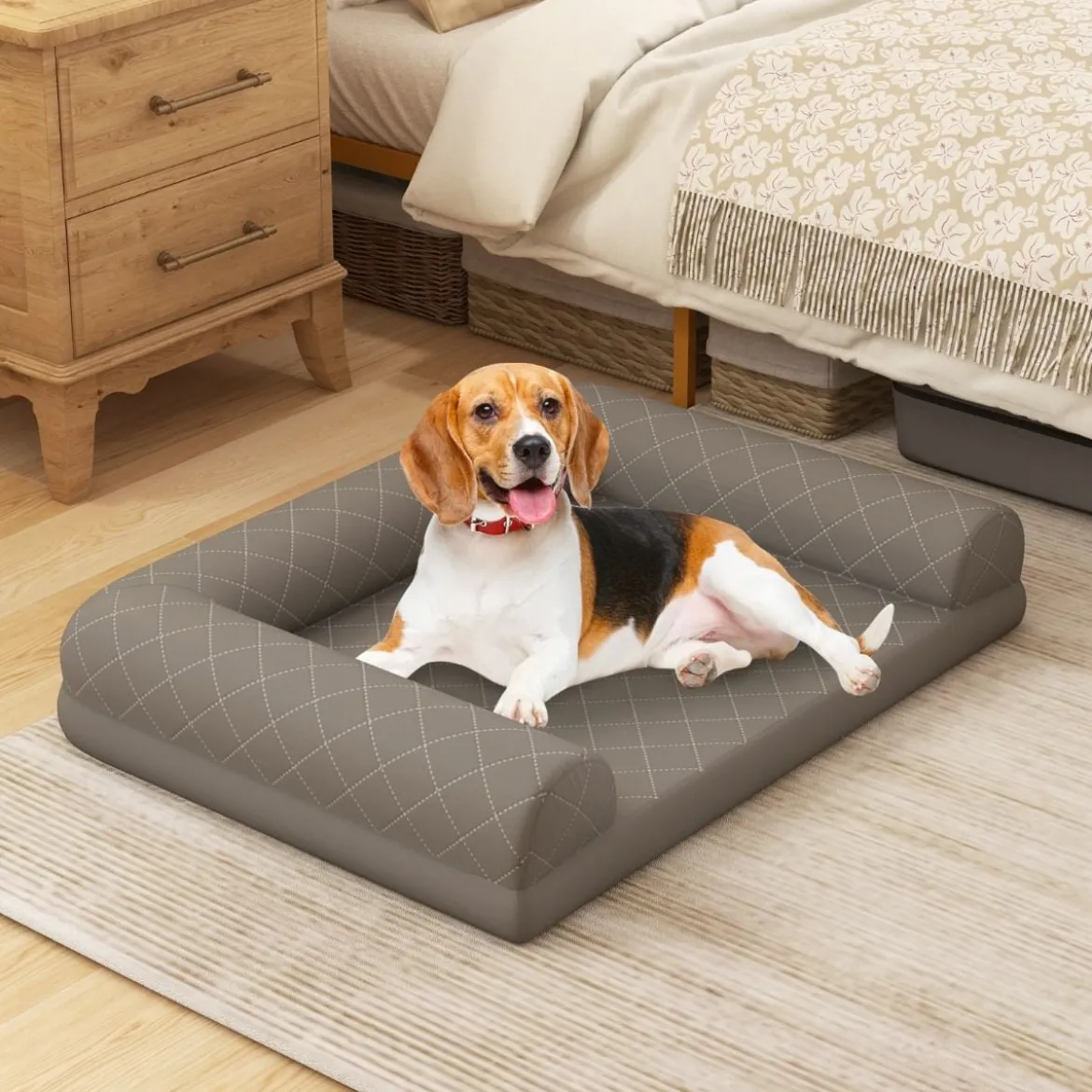 Orthopädisches Hundebett für mittelgroße Hunde Hundecouch mit eierförmiger Kistenschaum Beige/Grau