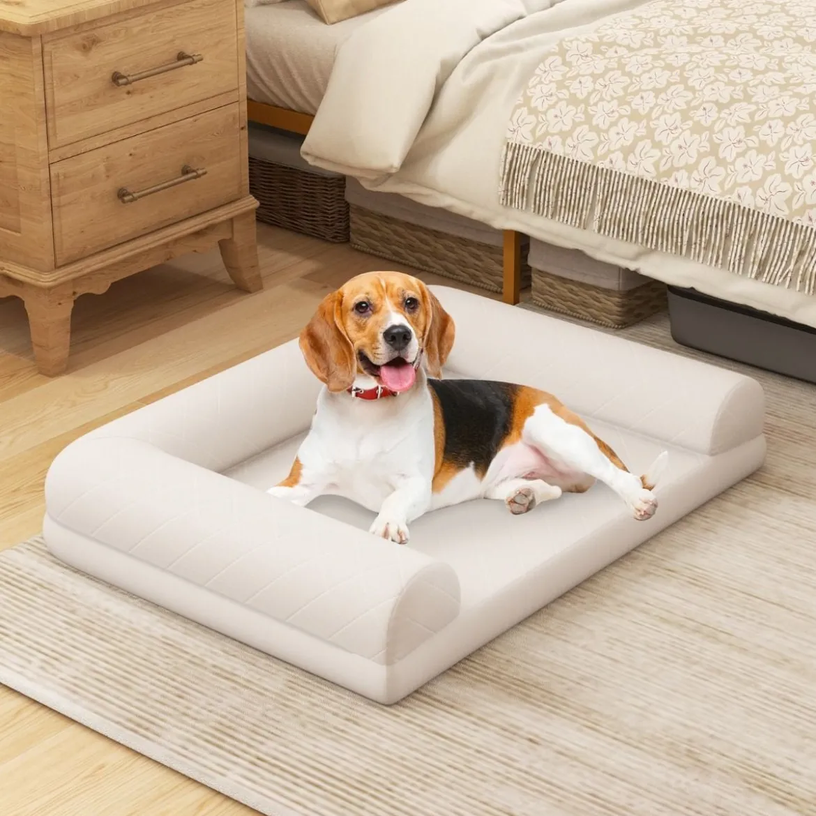 Orthopädisches Hundebett für mittelgroße Hunde Hundecouch mit eierförmiger Kistenschaum Beige/Grau
