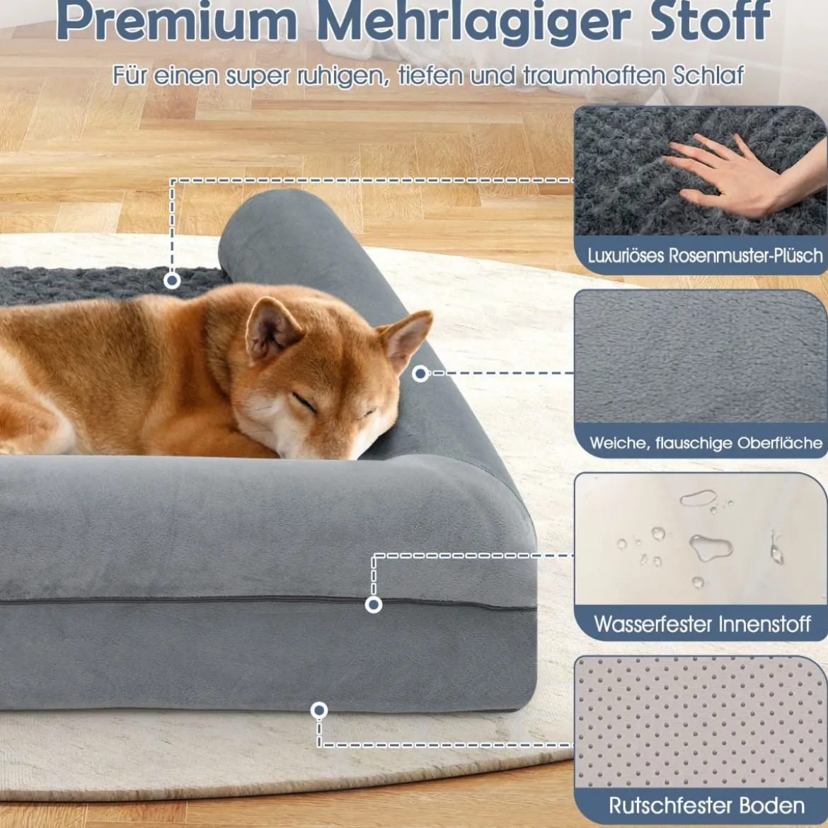 Orthopädisches Hundebett groß Hundesofa mit Hundekissen Hundecouch für große & Mittelgroße Hunde Grau