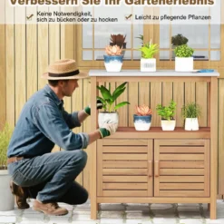 Outdoor-Arbeitstisch Garten-Pflanztisch aus Akazienholz mit Harztischplatte Ablagefach & Schrank Natur