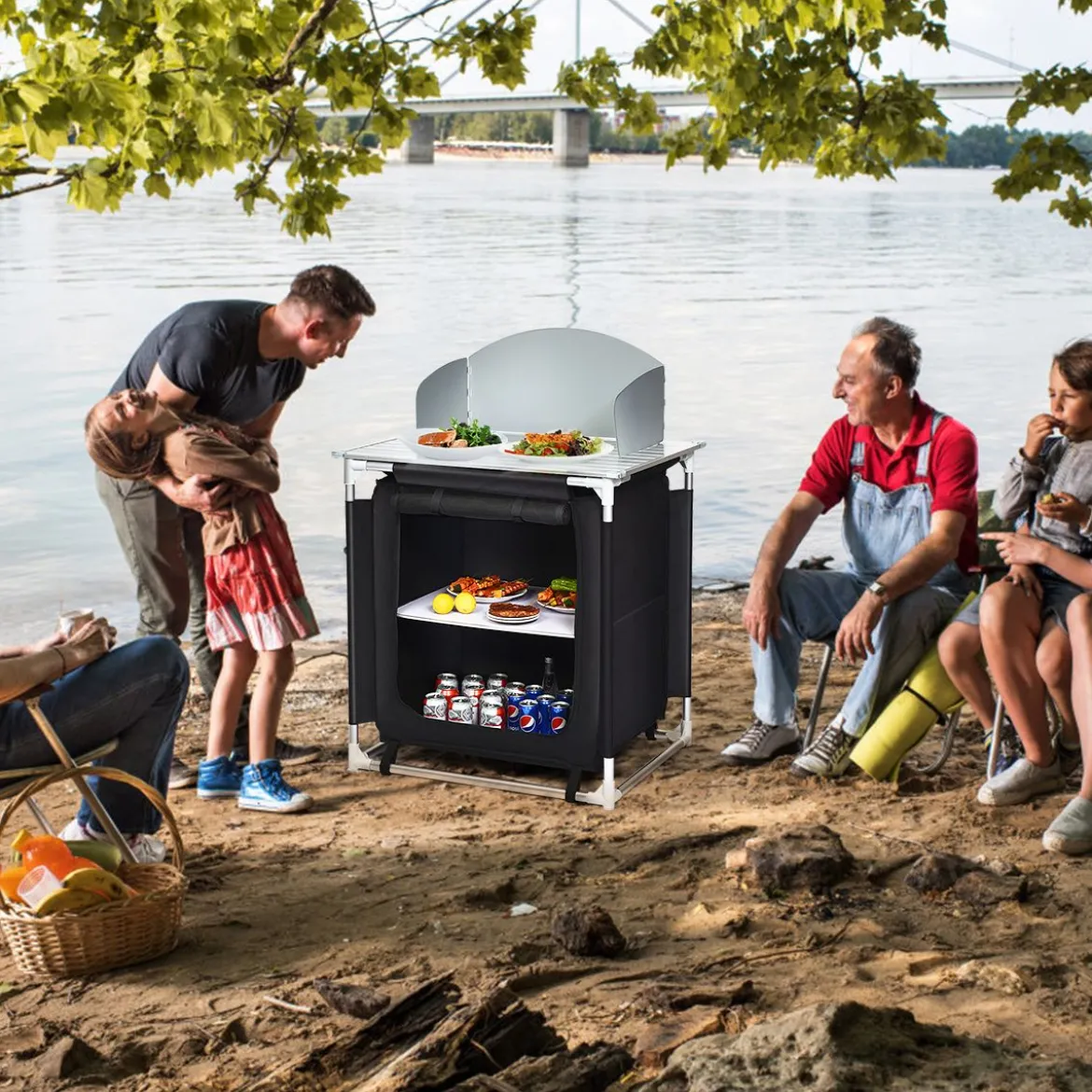 Outdoor Camping Kochtisch Campingküche mit 2 Fächern Kochstation BBQ Tisch tragbar Alu