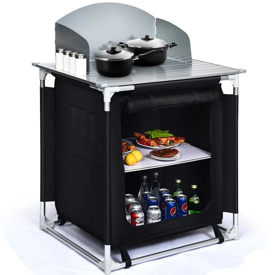 Outdoor Camping Kochtisch Campingküche mit 2 Fächern Kochstation BBQ Tisch tragbar Alu
