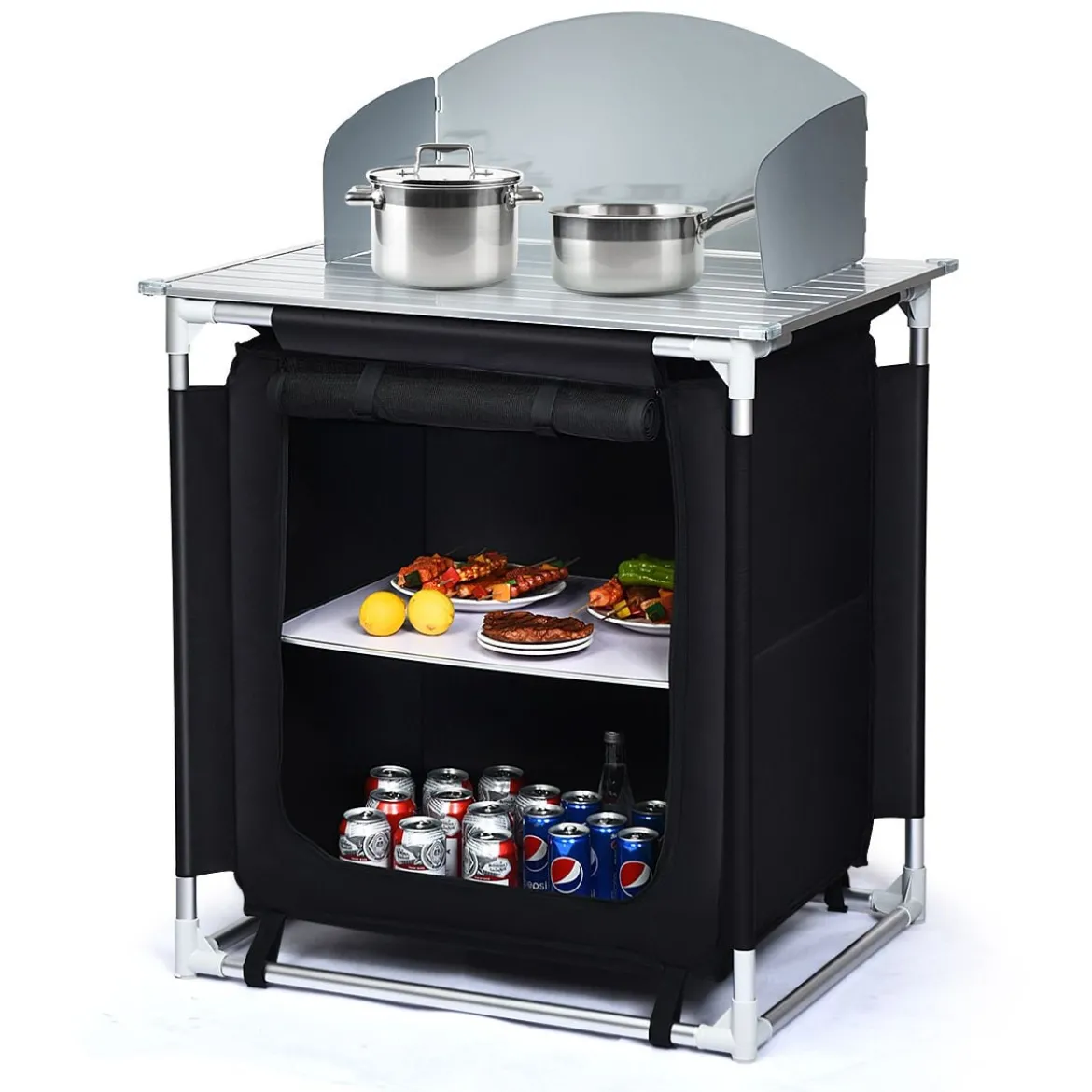 Outdoor Camping Kochtisch Campingküche mit 2 Fächern Kochstation BBQ Tisch tragbar Alu