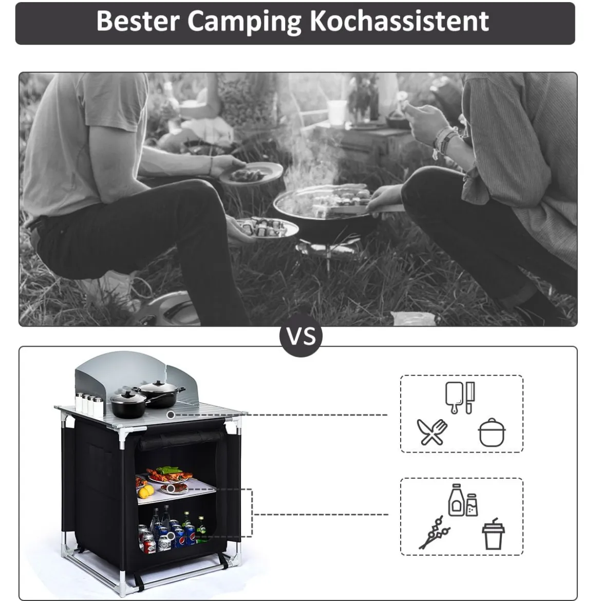 Outdoor Camping Kochtisch Campingküche mit 2 Fächern Kochstation BBQ Tisch tragbar Alu