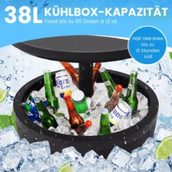 Outdoor Cocktailtisch höhenverstellbar 38L Getränkekühler mit Hebedeckel & Ablassventil Schwarz