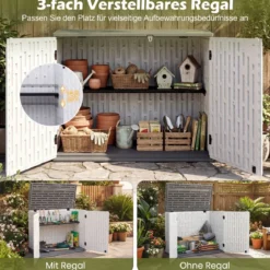 Outdoor Gartenschrank HDPE horizontale Gartenbox mit 3 Ebenen verstellbarem Regal abschließbarem Deckel & Türen