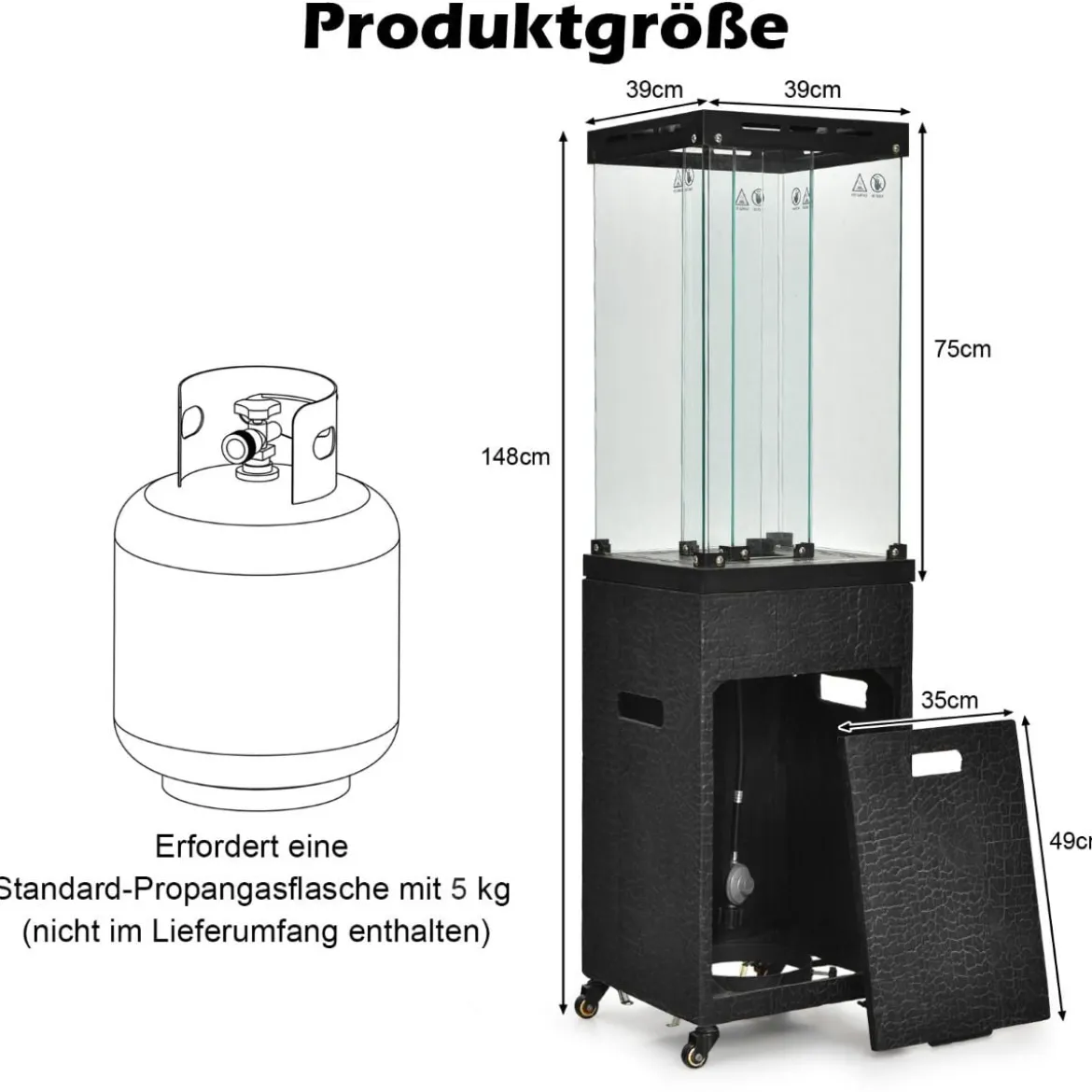 Outdoor Heizstrahler 41000 BTU Propan-Terrassenheizung mit Rädern 148 cm Schwarz