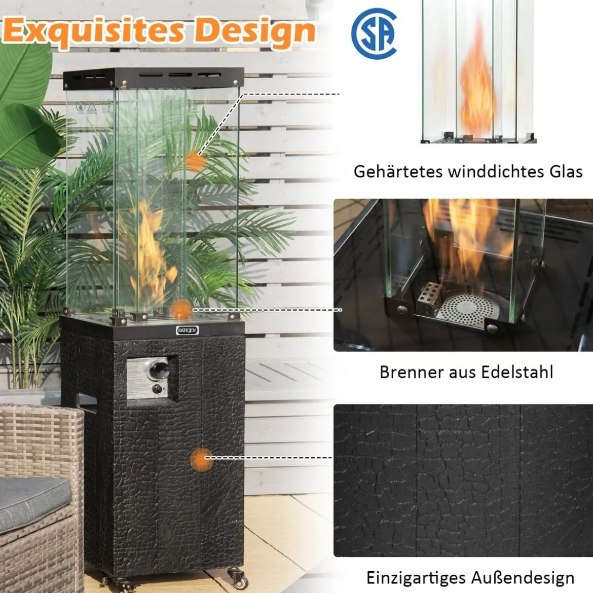 Outdoor Heizstrahler 41000 BTU Propan-Terrassenheizung mit Rädern 148 cm Schwarz