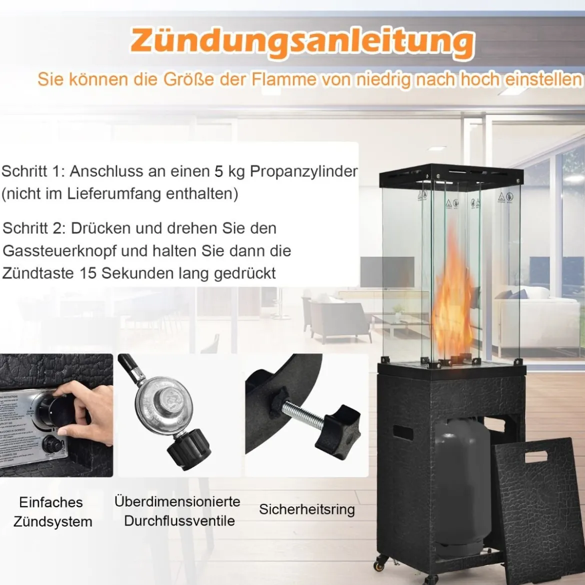 Outdoor Heizstrahler 41000 BTU Propan-Terrassenheizung mit Rädern 148 cm Schwarz