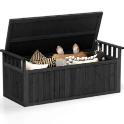 Outdoor Holz Aufbewahrungsbank mit Armlehnen & Deckel 2-Sitzer Bank mit Stauraum Schwarz