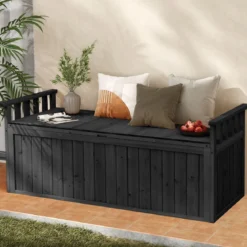 Outdoor Holz Aufbewahrungsbank mit Armlehnen & Deckel 2-Sitzer Bank mit Stauraum Schwarz