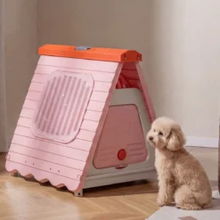 Outdoor Hundehütte mit Belüftete Fenster Klappbares Hundehaus aus Kunststoff Hundehöhle Rosa
