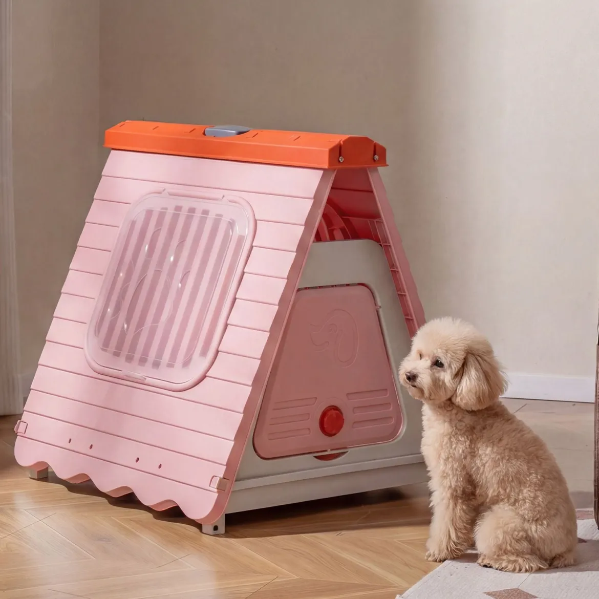 Outdoor Hundehütte mit Belüftete Fenster Klappbares Hundehaus aus Kunststoff Hundehöhle Rosa