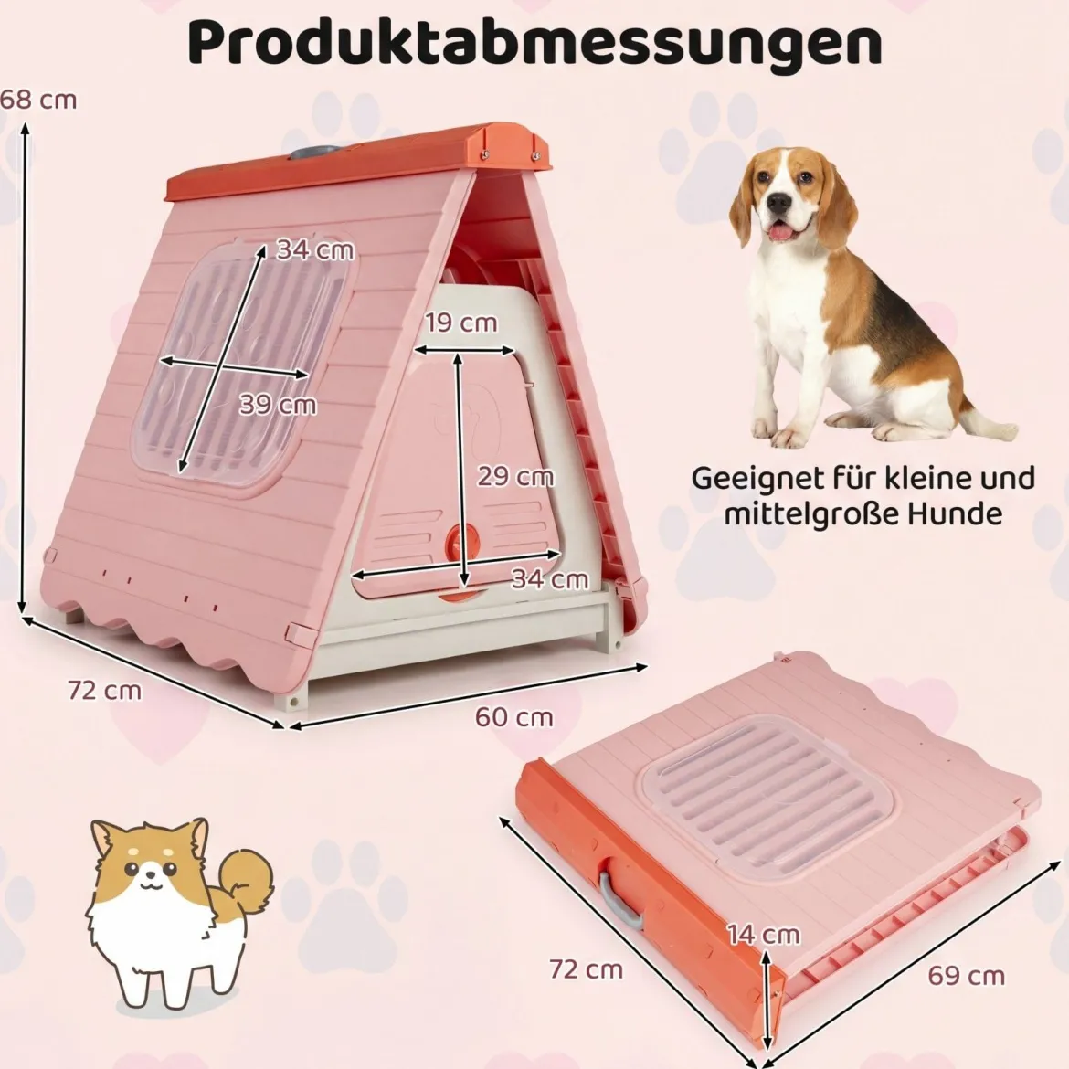 Outdoor Hundehütte mit Belüftete Fenster Klappbares Hundehaus aus Kunststoff Hundehöhle Rosa
