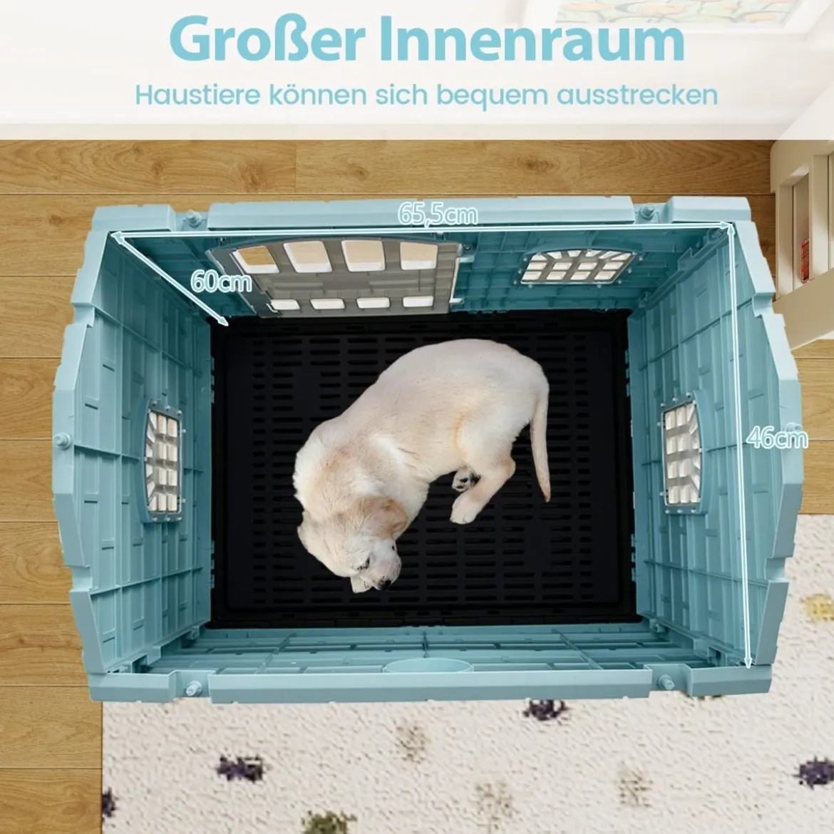 Outdoor Hundehütte mit Tür & 3 Fenstern & Ausnehmbarem Boden & Hundehaus Hundekäfig Blau