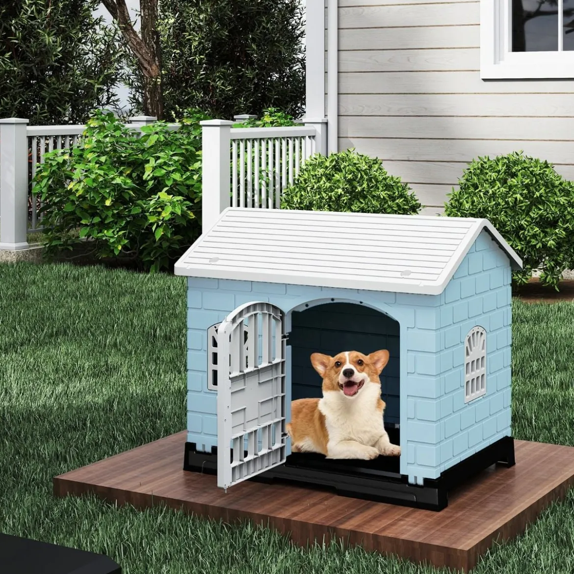 Outdoor Hundehütte mit Tür & 3 Fenstern & Ausnehmbarem Boden & Hundehaus Hundekäfig Blau