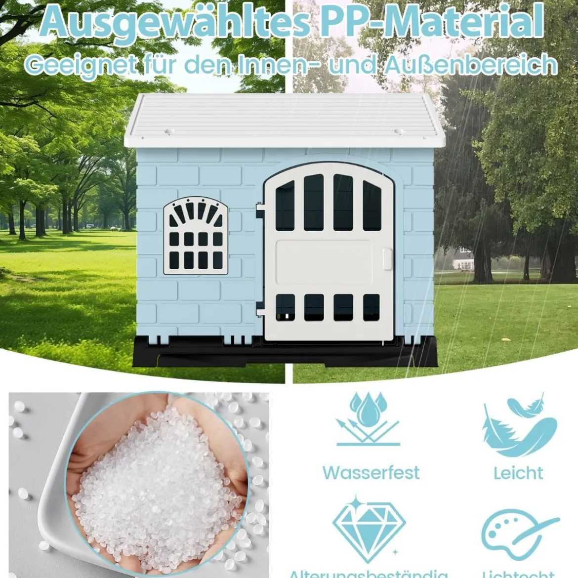 Outdoor Hundehütte mit Tür & 3 Fenstern & Ausnehmbarem Boden & Hundehaus Hundekäfig Blau