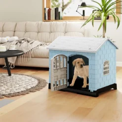 Outdoor Hundehütte mit Tür & 3 Fenstern & Ausnehmbarem Boden & Hundehaus Hundekäfig Blau