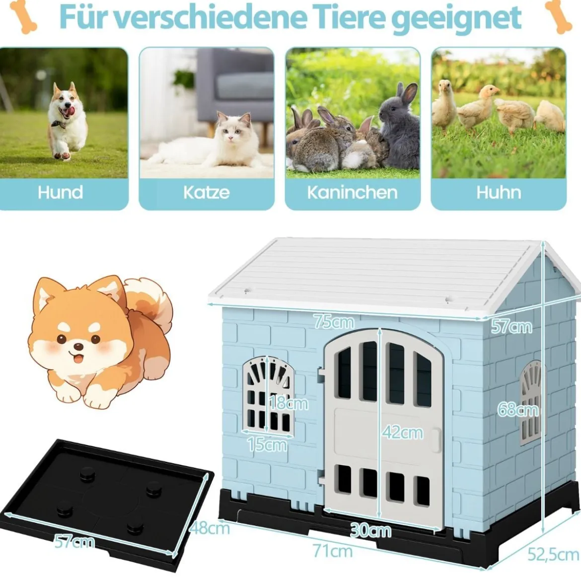 Outdoor Hundehütte mit Tür & 3 Fenstern & Ausnehmbarem Boden & Hundehaus Hundekäfig Blau