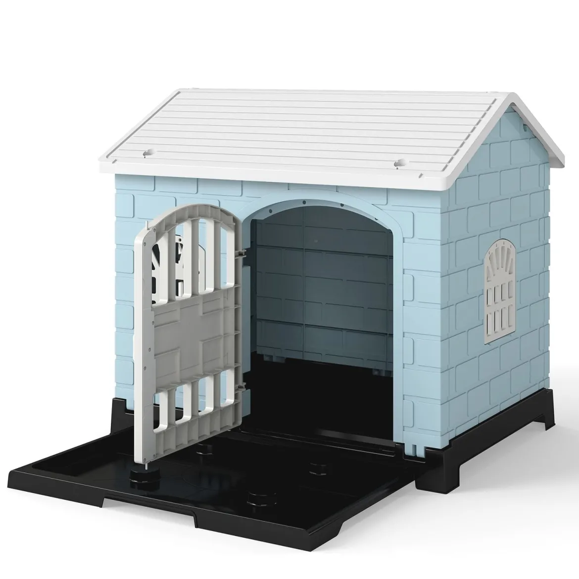 Outdoor Hundehütte mit Tür & 3 Fenstern & Ausnehmbarem Boden & Hundehaus Hundekäfig Blau