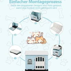 Outdoor Hundehütte mit Tür & 3 Fenstern & Ausnehmbarem Boden & Hundehaus Hundekäfig Blau