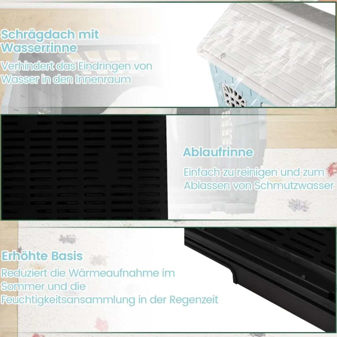 Outdoor Hundehütte mit Tür & 3 Fenstern & Ausnehmbarem Boden & Hundehaus Hundekäfig Blau