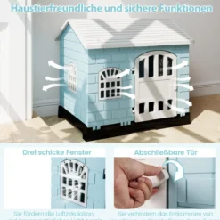 Outdoor Hundehütte mit Tür & 3 Fenstern & Ausnehmbarem Boden & Hundehaus Hundekäfig Blau