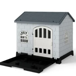 Outdoor Hundehütte mit Tür & 3 Fenstern & Ausnehmbarem Boden & Hundehaus Hundekäfig Grau