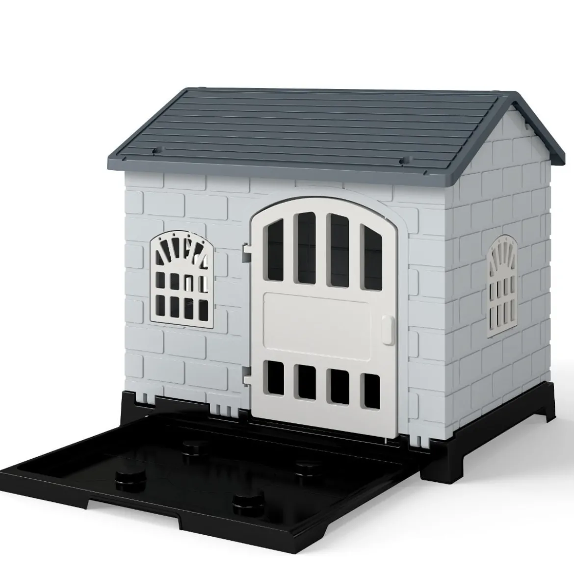 Outdoor Hundehütte mit Tür & 3 Fenstern & Ausnehmbarem Boden & Hundehaus Hundekäfig Grau