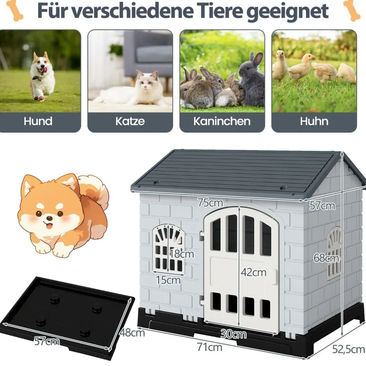 Outdoor Hundehütte mit Tür & 3 Fenstern & Ausnehmbarem Boden & Hundehaus Hundekäfig Grau