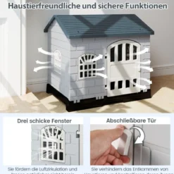 Outdoor Hundehütte mit Tür & 3 Fenstern & Ausnehmbarem Boden & Hundehaus Hundekäfig Grau