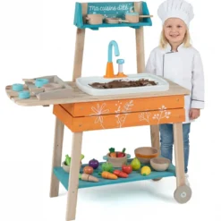 Outdoor Kinderküche Set mit Abnehmbarem Waschbecken & Regalen Holz Spielküche