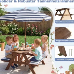 Outdoor Kindersitzgruppe mit Höhenverstellbarem & Abnehmbarem Sonnenschirm Kindersitzgarnitur
