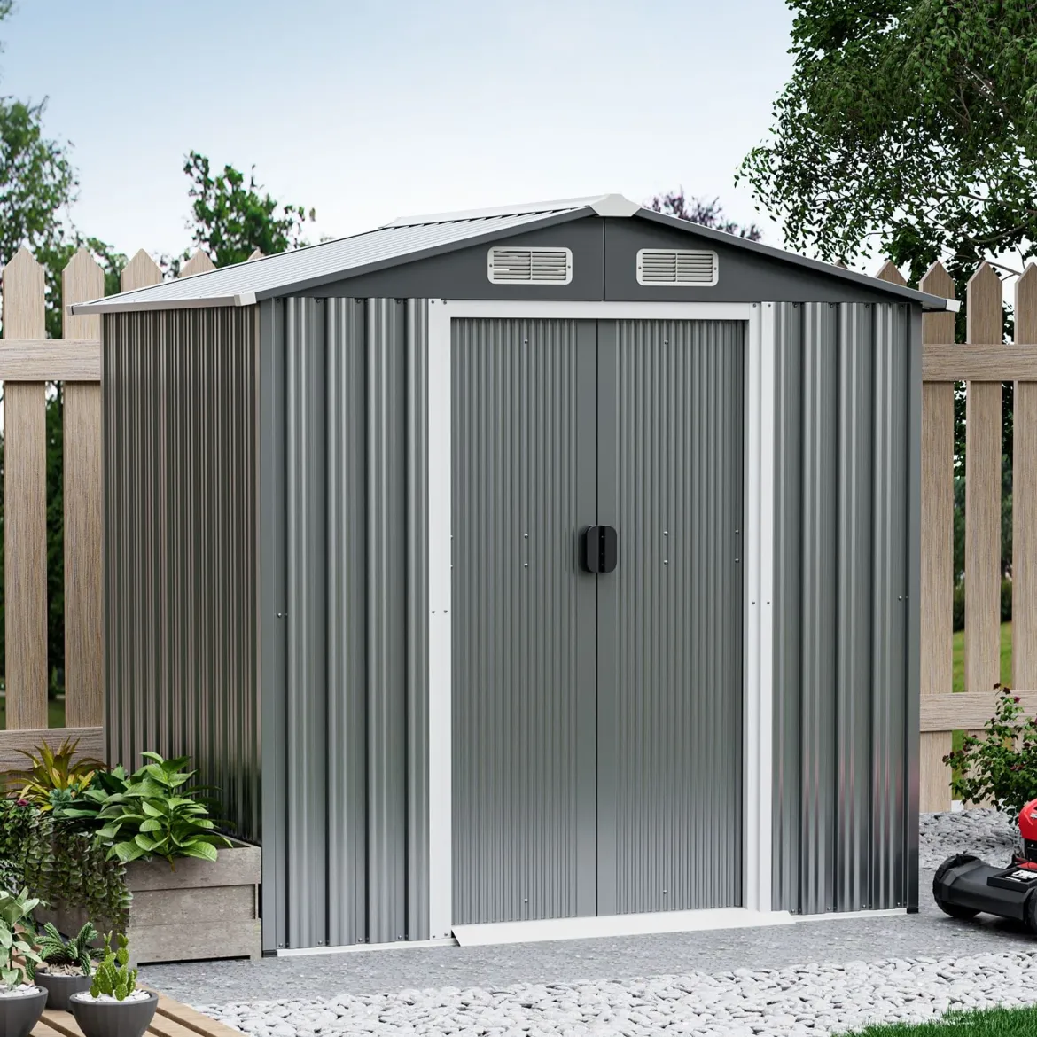 Outdoor Lagerschuppen 196 x 142 cm wetterfester Galvanisierter Metall-Geräteschuppen mit Luftschlitzen Grau