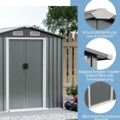 Outdoor Lagerschuppen 196 x 142 cm wetterfester Galvanisierter Metall-Geräteschuppen mit Luftschlitzen Grau