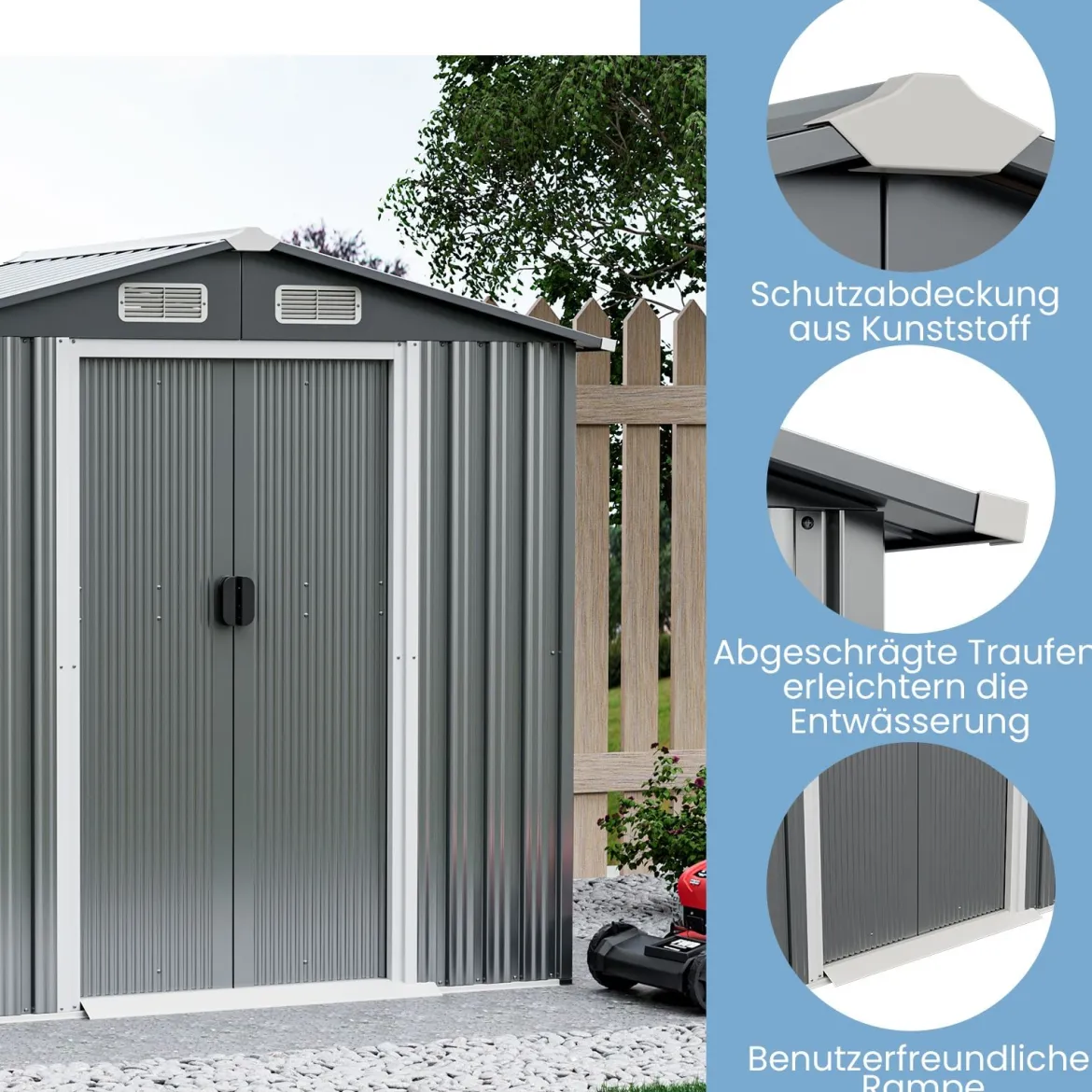 Outdoor Lagerschuppen 196 x 142 cm wetterfester Galvanisierter Metall-Geräteschuppen mit Luftschlitzen Grau