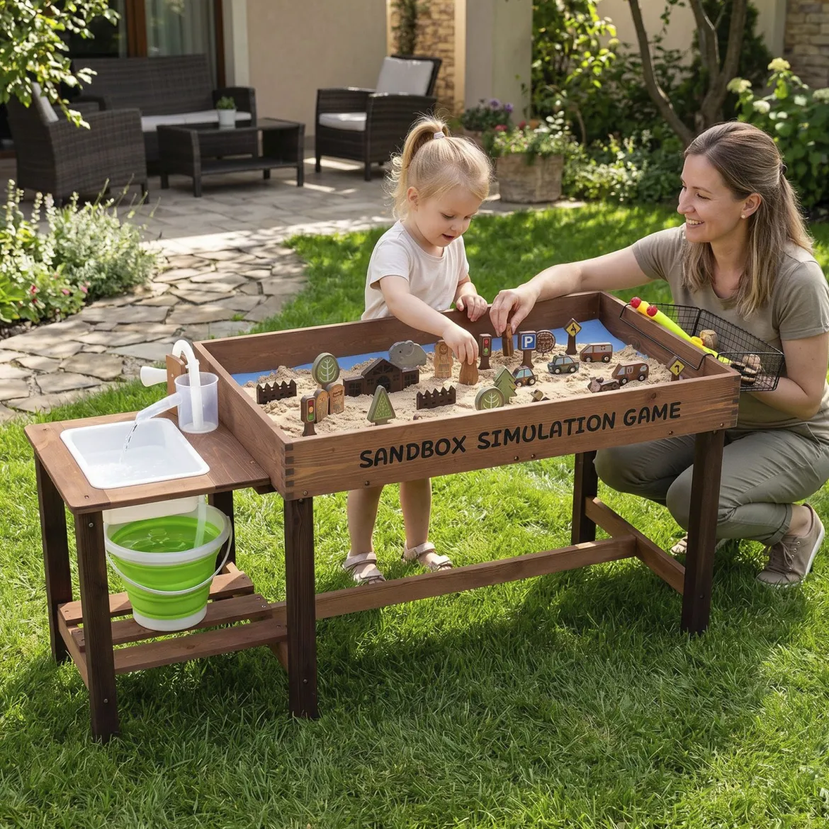 Outdoor Matschküche für Kinder Sandtisch mit Wasserpumpe Eimer Zubehör & Sandschaufeln