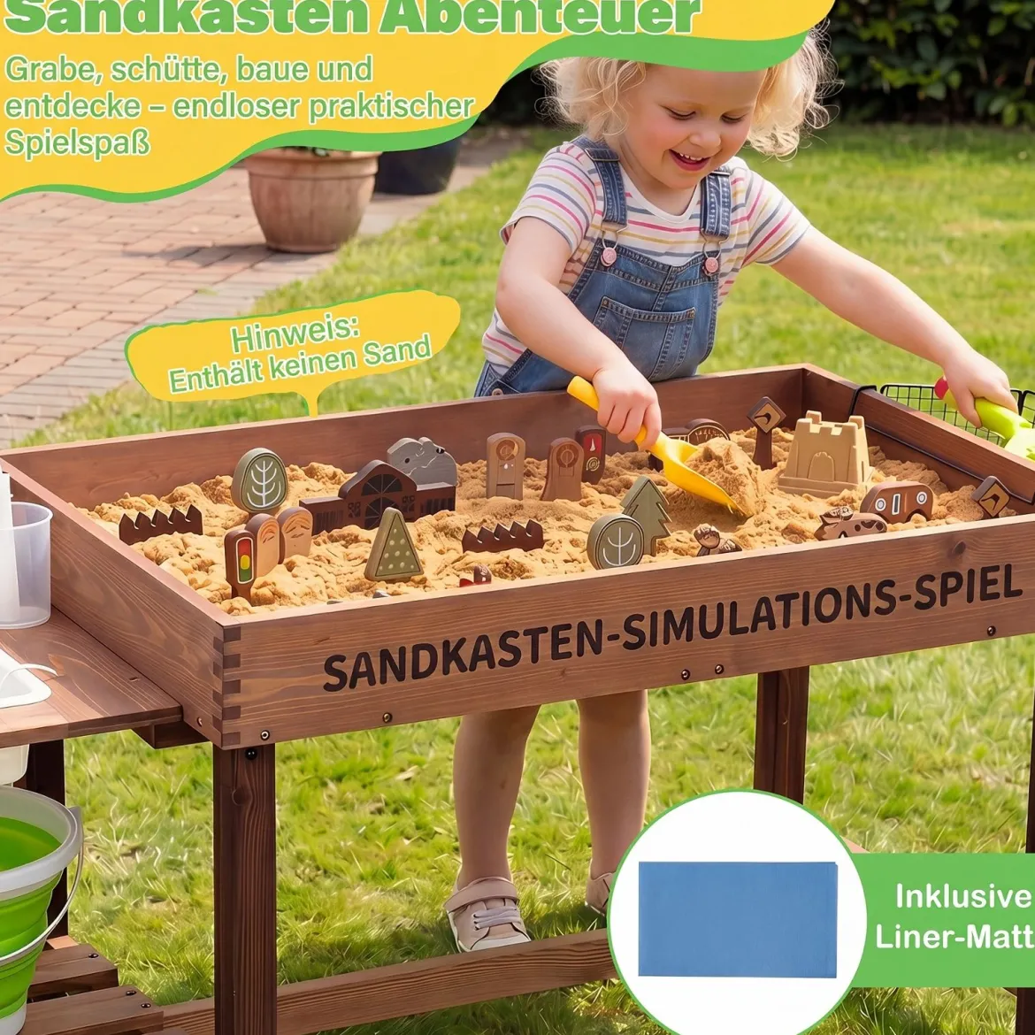 Outdoor Matschküche für Kinder Sandtisch mit Wasserpumpe Eimer Zubehör & Sandschaufeln