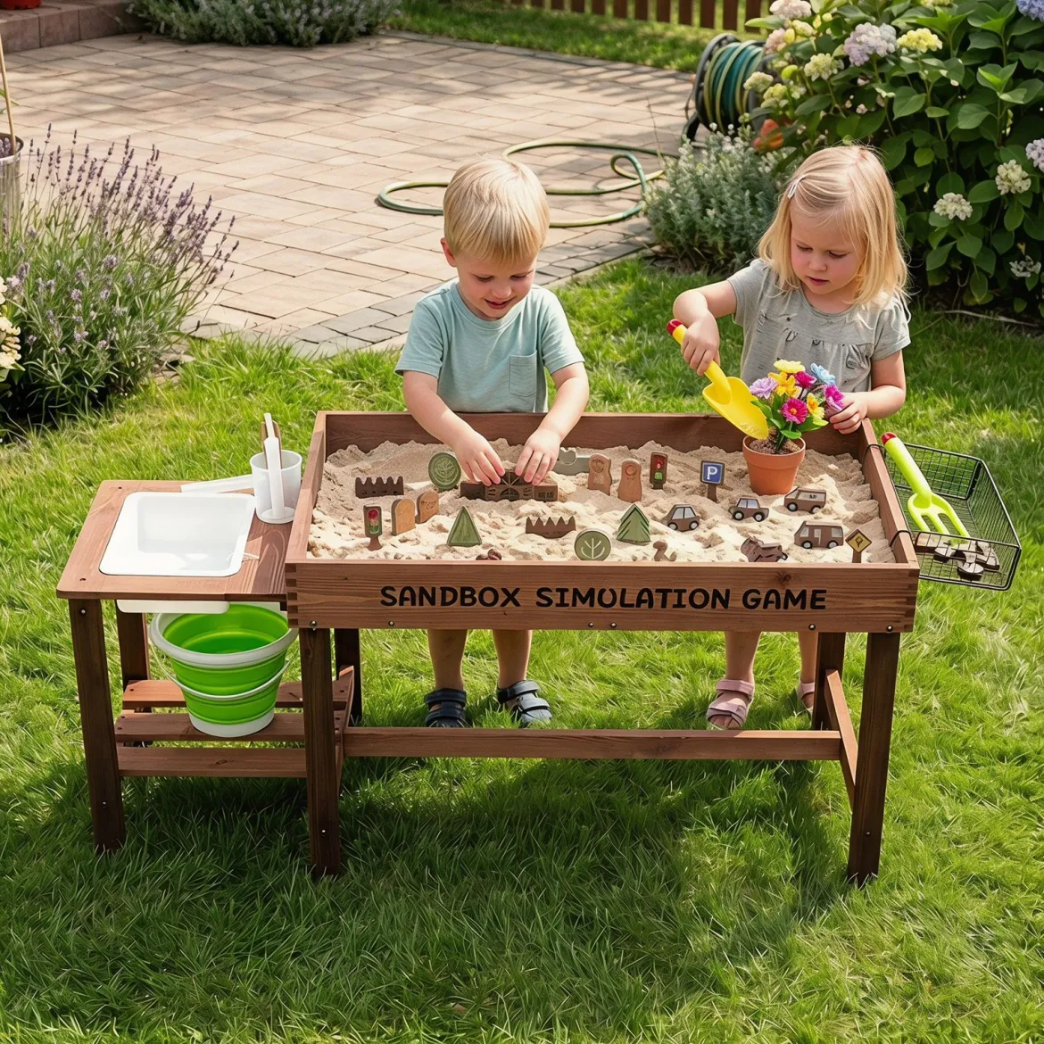 Outdoor Matschküche für Kinder Sandtisch mit Wasserpumpe Eimer Zubehör & Sandschaufeln