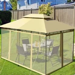 Outdoor-Pavillon mit abnehmbarer Netz-Seitenwand & Dächern 3,9 x 2,9 x 2,7 m Beige