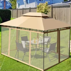 Outdoor-Pavillon mit abnehmbarer Netz-Seitenwand & Dächern 3,9 x 2,9 x 2,7 m Braun