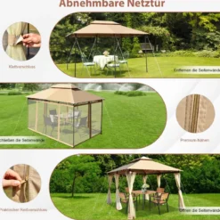 Outdoor-Pavillon mit abnehmbarer Netz-Seitenwand & Dächern 3,9 x 2,9 x 2,7 m Braun