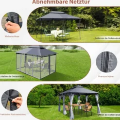 Outdoor-Pavillon mit abnehmbarer Netz-Seitenwand & Dächern 3,9 x 2,9 x 2,7 m Grau