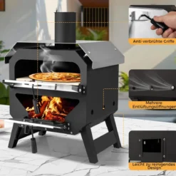 12" Outdoor-Pizzaofen tragbarer Holzofen mit Pizzastein Pizzaschieber & Oxford-Stoffabdeckung Schwarz
